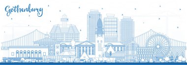 Göteborg City Skyline ve Blue Buildings 'in ana hatları. Vektör İllüstrasyonu. Şehir simgeleriyle dolu Göteborg Şehri. Tarihi Mimariyle İş Seyahati ve Turizm Konsepti.