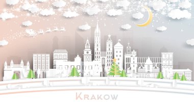 Krakow Polonya Şehri, Kar Taneleri, Ay ve Neon Garland ile Kağıt Kesiği Tarzı ile Gökyüzü. Vektör İllüstrasyonu. Noel ve Yeni Yıl Kavramı. Noel Baba kızakta. Tarihi İşaretli Krakow Şehir Manzarası.
