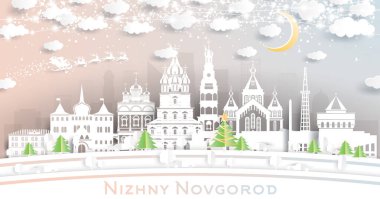 Nizhny Novgorod Rusya Şehri Kar Taneleri, Ay ve Neon Garland ile Kağıt Kesiği Tarzı ile Gökyüzü. Vektör İllüstrasyonu. Noel ve Yeni Yıl Kavramı. Noel Baba kızakta. Yer İmlerine sahip şehir manzarası.