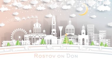 Rostov-on-Don Rusya City Skyline 'da Kar Taneleri, Ay ve Neon Garland ile birlikte. Vektör İllüstrasyonu. Noel ve Yeni Yıl Kavramı. Noel Baba kızakta. Yer İmlerine sahip şehir manzarası.
