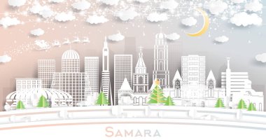 Samara Rusya Şehri, Kar Taneleri, Ay ve Neon Garland ile Kağıt Kesiği Tarzı ile Gökyüzü. Vektör İllüstrasyonu. Noel ve Yeni Yıl Kavramı. Noel Baba kızakta. Samara Şehir Yer İmleri.