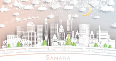 Samara Russia City Skyline in Paper Cut Style with Snowflakes, Moon and Neon Garland. Vector Illustration. Christmas and New Year Concept. Santa Claus on Sleigh. Samara Cityscape Landmarks. clipart