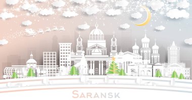 Saransk Rusya Şehri, Kar Taneleri, Ay ve Neon Garland ile Kağıt Kesiği Tarzı ile Gökyüzü. Vektör İllüstrasyonu. Noel ve Yeni Yıl Kavramı. Noel Baba kızakta. Saransk Şehir Yer İmleri.