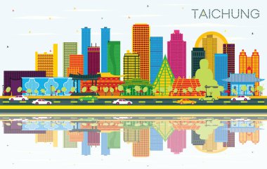 Taichung Tayvan Şehri Renkli Binalar, Mavi Gökyüzü ve Yansımaları ile Skyline. Vektör İllüstrasyonu. Tarihi Mimariyle Seyahat ve Turizm Konsepti. Taichung Çin Şehir Manzarası. 