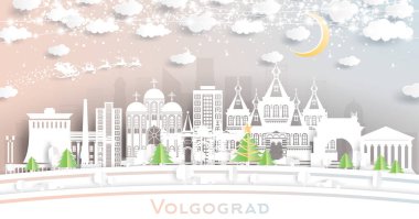 Volgograd Rusya Şehri Kar Taneleri, Ay ve Neon Garland ile Kağıt Kesiği Tarzı ile Gökyüzü. Vektör İllüstrasyonu. Noel ve Yeni Yıl Kavramı. Noel Baba kızakta. Volgograd Şehir Manzarası.