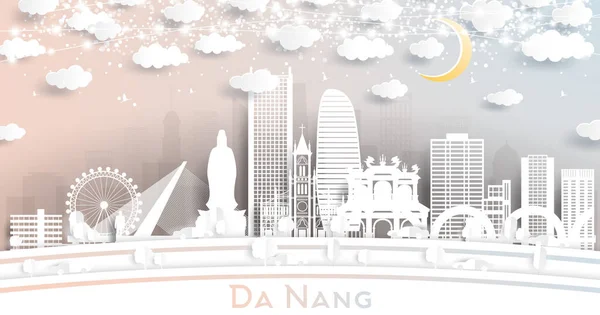 Skyline Nang Vietnam City Стиле Paper Cut Белыми Зданиями Луной — стоковый вектор