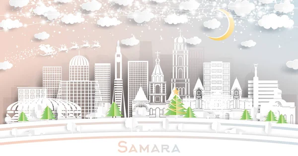 Samara Rusya Şehri Kar Taneleri Neon Garland Ile Kağıt Kesiği — Stok Vektör