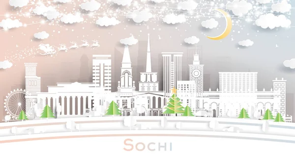 Sochi Russia City Skyline Paper Cut Style Snowflakes Moon Neon — Stock Vector