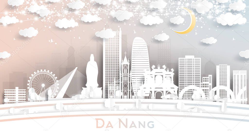 Da Nang Vietnam City Skyline in Paper Cut Style with White Buildings, Moon and Neon Garland. Vector Illustration. Travel and Tourism Concept. Da Nang Cityscape with Landmarks.