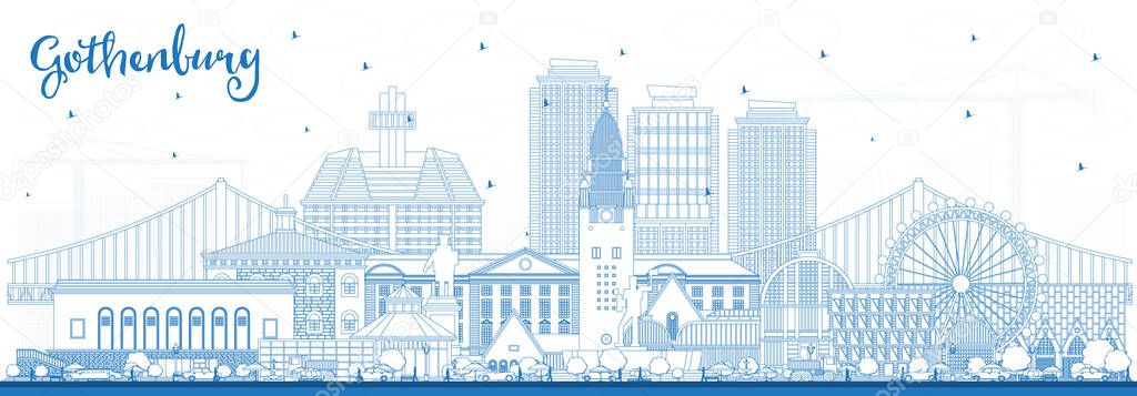 Outline Gothenburg Sweden City Skyline with Blue Buildings. Vector Illustration. Gothenburg Cityscape with Landmarks. Business Travel and Tourism Concept with Historic Architecture.