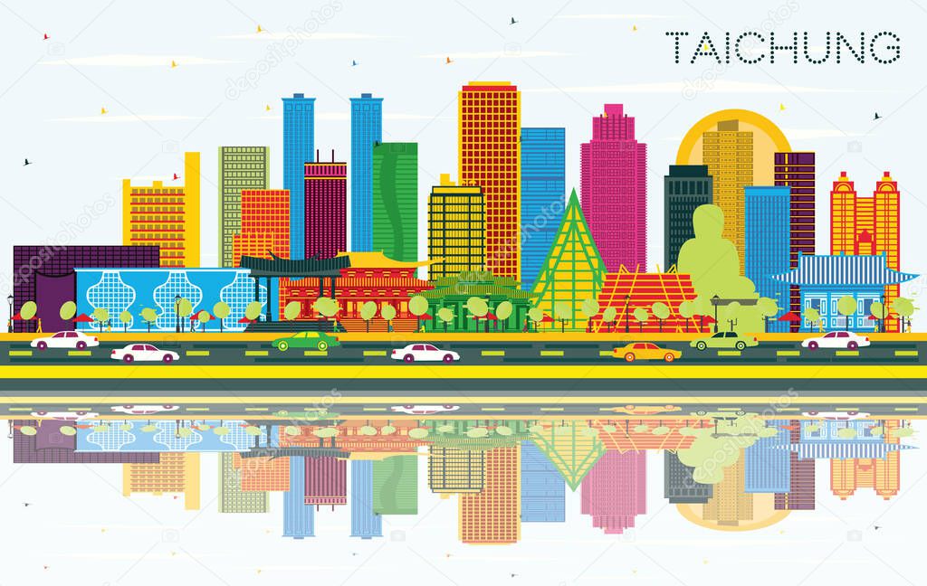 Taichung Taiwan City Skyline with Color Buildings, Blue Sky and Reflections. Vector Illustration. Travel and Tourism Concept with Historic Architecture. Taichung China Cityscape with Landmarks. 