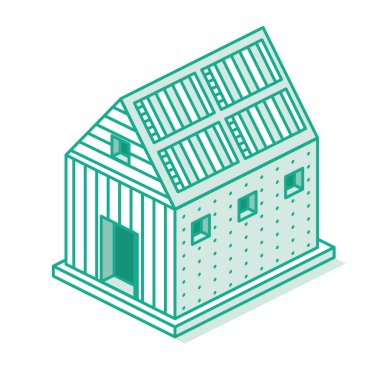 Isometric Country House White 'da izole edilmiş. Vektör İllüstrasyonu. Taslak Simgesi. Güneş Panelleri olan Küçük Ahır.