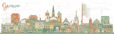 Renkli binaları olan Cenevre İsviçre Şehri Skyline 'ı. Vektör İllüstrasyonu. Landmark 'lı Cenevre Şehri. Tarihi Mimariyle İş Seyahati ve Turizm Konsepti.