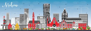 Renkli Binalar ve Mavi Gökyüzü ile Malmö İsveç Şehri Skyline. Vektör İllüstrasyonu. Landmark 'lı Malmö Şehri. Tarihi Mimariyle İş Seyahati ve Turizm Konsepti.