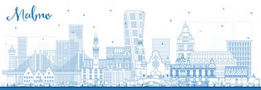 Blue Buildings ile Malmö City Skyline 'ın ana hatları. Vektör İllüstrasyonu. Landmark 'lı Malmö Şehri. Tarihi Mimariyle İş Seyahati ve Turizm Konsepti.