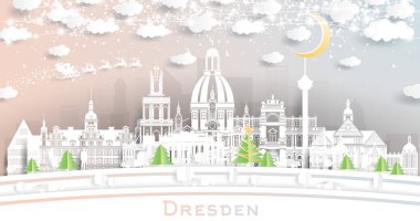 Dresden Almanya 'nın Kağıt Kesiği Tarzı ile Gökyüzü: Kar Taneleri, Ay ve Neon Garland. Vektör İllüstrasyonu. Noel ve Yeni Yıl Kavramı. Noel Baba kızakta. Tarihi İşaretli Dresden Şehri.