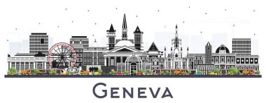 Cenevre İsviçre Şehri Skyline 'ı ve Beyaz Renkli Binalar. Vektör İllüstrasyonu. Landmark 'lı Cenevre Şehri. Tarihi Mimariyle İş Seyahati ve Turizm Konsepti.
