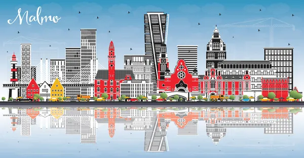 Mavi Gökyüzü ve Yansımaları ile Malmö İsveç Şehri Skyline. Vektör İllüstrasyonu. Landmark 'lı Malmö Şehri. Tarihi Mimariyle İş Seyahati ve Turizm Konsepti.