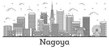 Nagoya 'nın ana hatları Japonya Şehri Skyline ve modern binalar beyaza izole edilmiş. Vektör İllüstrasyonu. Tarihi Simgeli Nagoya Şehir Manzarası.