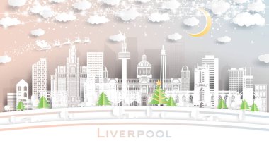 Liverpool UK City Skyline ile Snowflakes, Moon ve Neon Garland. Vektör İllüstrasyonu. Noel ve Yeni Yıl Kavramı. Noel Baba kızakta. Tarihi Simgeli Liverpool Şehri.