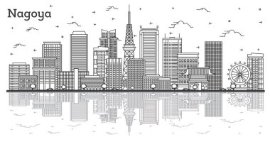 Nagoya 'nın ana hatları Japonya Şehri Skyline ve Modern Binalar ve Yansımalar Beyaz' a izole edilmiş. Vektör İllüstrasyonu. Tarihi Simgeli Nagoya Şehir Manzarası.