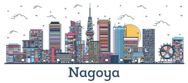 Nagoya 'nın ana hatları Japonya Şehri Skyline ve Renk Binaları beyaza izole edilmiş. Vektör İllüstrasyonu. Tarihi Simgeli Nagoya Şehir Manzarası.