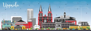 Renkli Binalar ve Mavi Gökyüzü ile Uppsala İsveç Şehri Skyline. Vektör İllüstrasyonu. Tarihi Simgelerle Uppsala Şehri. Tarihi Mimariyle İş Seyahati ve Turizm Konsepti.