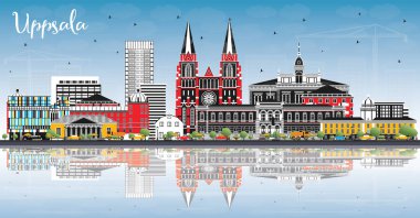 Uppsala İsveç City Skyline Renkli Binalar, Mavi Gök ve Yansımalar ile. Vektör İllüstrasyonu. Tarihi Simgelerle Uppsala Şehri. Tarihi Mimariyle İş Seyahati ve Turizm Konsepti.