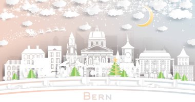 Bern İsviçre Gökyüzü Kağıt Kesiği Tarzı ile Kar Taneleri, Ay ve Neon Garland ile. Vektör İllüstrasyonu. Noel ve Yeni Yıl Kavramı. Noel Baba kızakta. Tarihi İşaretli Bern Şehir Manzarası.