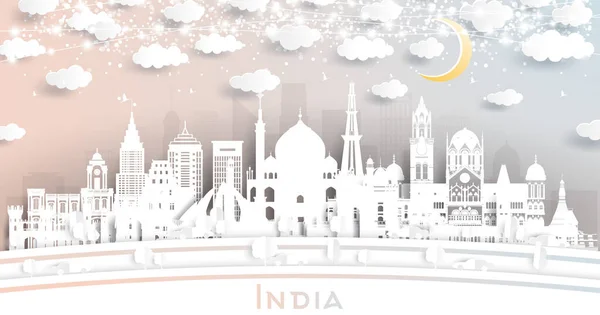 印度城市天际线的剪纸风格与白色建筑 月亮和霓虹灯加兰 病媒说明 旅行和旅游概念 具有地标的印度城市景观 — 图库矢量图片