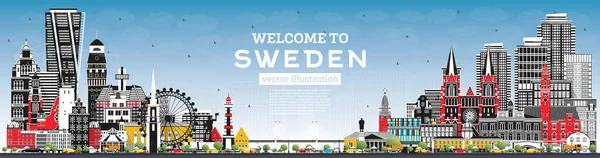 Bienvenido Suecia City Skyline Con Edificios Grises Cielo Azul Ilustración — Archivo Imágenes Vectoriales