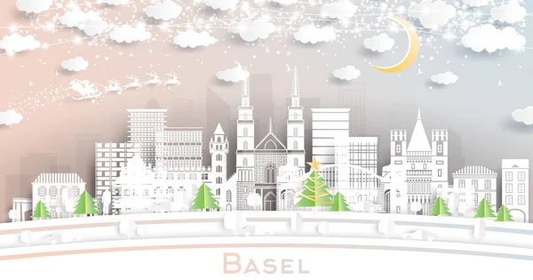 Basilea Suiza City Skyline Estilo Corte Papel Con Copos Nieve — Archivo Imágenes Vectoriales