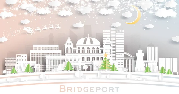 Bridgeport Connecticut City Skyline Paper Cut Style Snowflakes Moon Neon — стоковий вектор