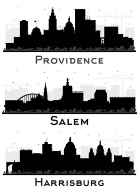 Salem Oregon, Harrisburg Pensilvanya ve Providence Rhode Island Skyline Silhouette setleri. Siyah Binalar Beyazlar 'da izole edilmiş. Yer İmlerine sahip şehir manzarası.