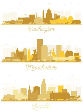 Manchester New Hampshire, Lincoln Nebraska ve Washington DC City Skyline Silueti Beyaz Binalar üzerinde izole edilmiş.