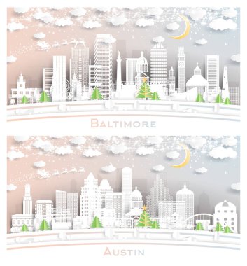 Austin Texas ve Baltimore Maryland City Skyline Set ve Snowflakes, Moon ve Neon Garland. Noel ve Yeni Yıl Kavramı. Noel Baba Kızakta.