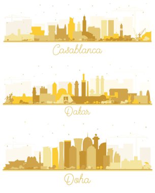 Doha Katar, Dakar Senegal ve Kazablanka Fas Şehri Skyline Siluet Seti ile Beyaz Binalar İzole Edildi.