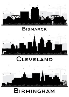 Birmingham UK, Bismarck North Dakota ve Cleveland Ohio City Skyline Silhouette Set ve White 'ta izole edilmiş Siyah Binalar. Yer İmlerine sahip şehir manzarası.