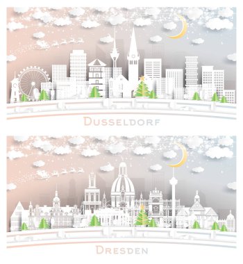 Dresden ve Düsseldorf Almanya City Skyline Set with Paper Cut Style with Snowflakes, Moon and Neon Garland. Noel ve Yeni Yıl Kavramı. Noel Baba Kızakta.