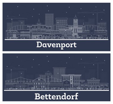 Bettendorf ve Davenport Iowa 'nın ana hatlarıyla White Buildings. Tarihi Mimariyle İş Seyahati ve Turizm Konsepti. Yer İmlerine sahip şehir manzarası.