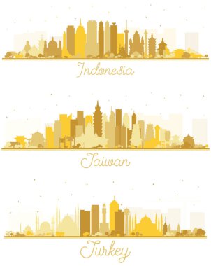Türkiye, Tayvan, Endonezya Şehirleri Skyline Siluet Seti ve Altın Binalar Beyazlar 'da izole edildi. Tarihi Mimariyle Turizm Konsepti. Şehir simgeleriyle dolu. Jakarta. Surabaya. Bekasi.