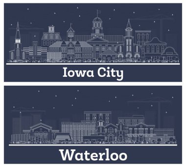 Iowa City 'nin ana hatları ve Waterloo USA Skyline Set with White Buildings. Tarihi Mimariyle İş Seyahati ve Turizm Konsepti. Yer İmlerine sahip şehir manzarası.