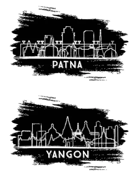 ヤンゴンミャンマーとパトナインドシティスカイラインシルエットセット 手描きスケッチ 歴史的建築物とビジネス旅行や観光の概念 ランドマークと都市景観 — ストック写真