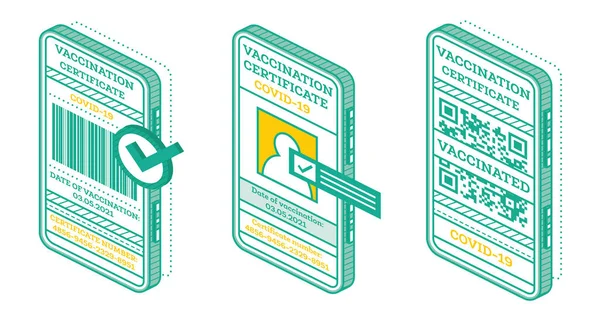 Certificado Vacinação Definido Tela Smartphone Certificado Isométrico Internacional Imunização Passaporte — Fotografia de Stock