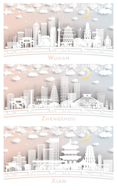 Zhengzhou Xian Wuhan China City Skyline Set Estilo Corte Papel — Foto de Stock