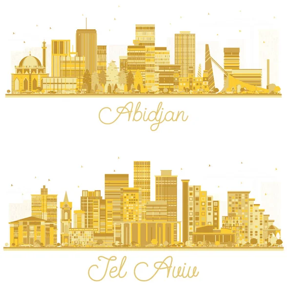 Tel Aviv Israel Abidjan Ivory Coast City Skyline Set Golden — Stock Photo, Image