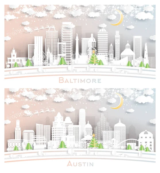 Austin Texas and Baltimore Maryland City Skyline Set in Paper Cut Style with Snowflakes, Moon and Neon Garland. Christmas and New Year Concept. Santa Claus on Sleigh.