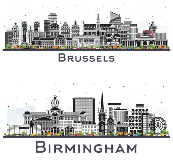 Birmingham Bruxelas Belgium City Skyline Set Com Edifícios Coloridos Isolados — Fotografia de Stock