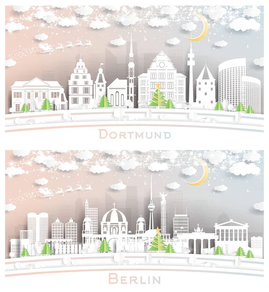 Berlin Dortmund Germany City Skyline Set Paper Cut Style Snowflakes — Fotografia de Stock