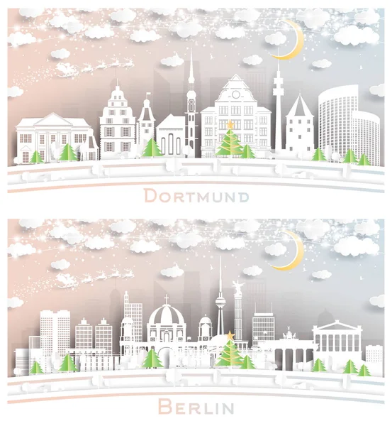 Berlin ve Dortmund Almanya 'nın Skyline seti. Kar Taneleri, Ay ve Neon Garland ile Kağıt Kesiği Tarzı. Yer İmlerine sahip şehir manzarası.